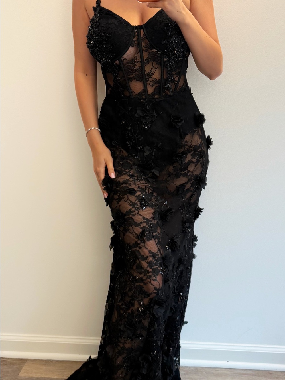 Fashion Nova Black Strapless Sheer Lace Evening Gown